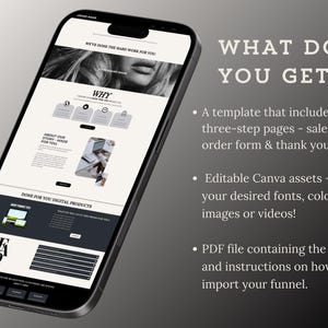 May include: A mockup of a mobile phone screen displaying a website template for a digital product. The website has a black and white color scheme and includes sections titled "Why", "About Our Story", "Done For You Digital Products", and "FAQ". The text "We've Done The Hard Work For You" is displayed at the top of the screen. The text "What Do You Get?" is displayed on the right side of the screen. The text below "What Do You Get?" describes the features of the website template, including a three-step sales page, editable Canva assets, and a PDF file with instructions on how to import the funnel.