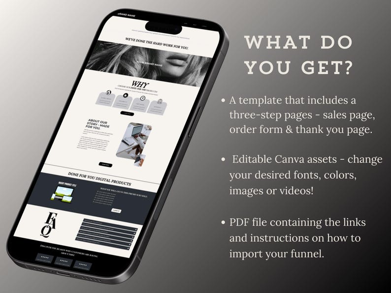 May include: A mockup of a mobile phone screen displaying a website template for a digital product. The website has a black and white color scheme and includes sections titled "Why", "About Our Story", "Done For You Digital Products", and "FAQ". The text "We've Done The Hard Work For You" is displayed at the top of the screen. The text "What Do You Get?" is displayed on the right side of the screen. The text below "What Do You Get?" describes the features of the website template, including a three-step sales page, editable Canva assets, and a PDF file with instructions on how to import the funnel.