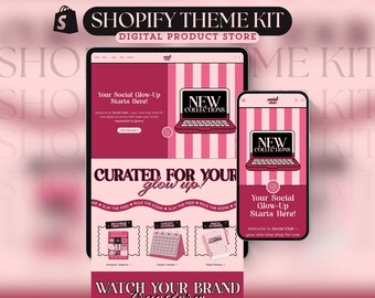 Pode incluir: Um kit de tema de loja de produtos digitais exibido em um tablet e smartphone. O design apresenta um esquema de cores rosa e branco com o texto "Shopify Theme Kit" e "Digital Product Store".