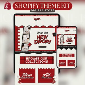 May include: A digital Shopify theme kit for an online store displayed on a tablet and smartphone. The interface features a red and white color scheme with text reading Shop Our New Drop, Browse Our Collections, New Collections, and All Products.