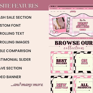 May include: A pink and white website design with the text "WEBSITE FEATURES" and bullet points listing features like "FLASH SALE SECTION" and "CUSTOM FONT." The design includes a mock-up of a website with the text "Shop Our BEST SELLERS."