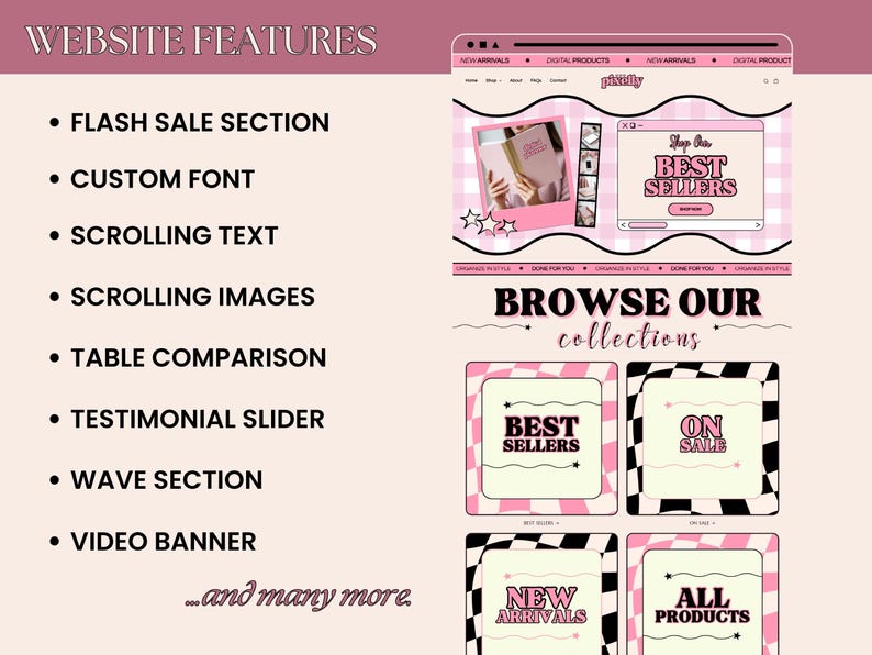 May include: A pink and white website design with the text "WEBSITE FEATURES" and bullet points listing features like "FLASH SALE SECTION" and "CUSTOM FONT." The design includes a mock-up of a website with the text "Shop Our BEST SELLERS."
