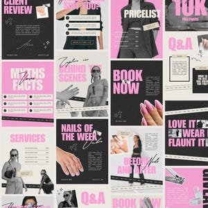 Può includere: Un collage di post sui social media rosa e neri che promuovono servizi per unghie. I post includono testo come "Client Review", "Book Now" e "Nails of the Week". Le immagini presentano unghie curate e immagini alla moda.