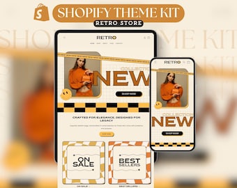 May include: A retro-themed Shopify store design template with a checkered pattern and a model wearing a bright orange top and holding a small bag. The text "New Collection" and "Shop Now" are featured on the page.