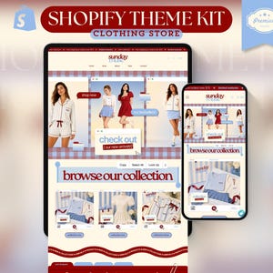 Peut inclure: Un affichage numérique d'un kit de thème Shopify pour une boutique de vêtements, présentant une tablette et un smartphone affichant une interface web avec la marque Sunday Muse, des photos de produits et des boutons interactifs shop now et check out.