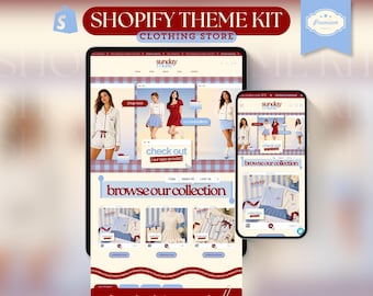 Könnte beinhalten: Eine digitale Darstellung eines Shopify-Theme-Kits für ein Bekleidungsgeschäft, bestehend aus einem Tablet und einem Smartphone, die eine Website-Oberfläche mit dem Markennamen Sunday Muse, Produktfotos und interaktiven Buttons shop now und check out zeigen.