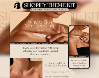 Puede incluir: Una página de inicio de un sitio web para una marca de cuidado de la piel de lujo. El sitio web presenta una foto del rostro de una persona con el texto "Where Skin Meets Serenity." y "Shop Now". El sitio web también presenta el texto "Elevate your daily ritual with clean, effective, and beautifully crafted skincare essentials."