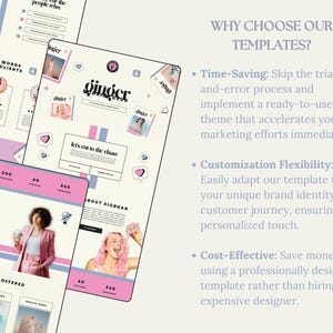 May include: A digital marketing template design with a pink and white color scheme. The design includes the word "ginger" and the phrase "let's cut to the chase". The design also includes the text "Why choose our templates?"