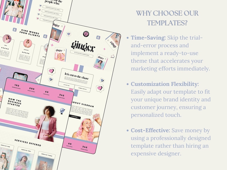 May include: A digital marketing template design with a pink and white color scheme. The design includes the word "ginger" and the phrase "let's cut to the chase". The design also includes the text "Why choose our templates?"