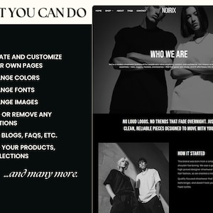 May include: A website mockup with a black and white theme. The top section features the brand name "NOIRIX" and a header. The page includes text such as "What You Can Do" and "Who We Are", along with a list of features and a section titled "How It Started".