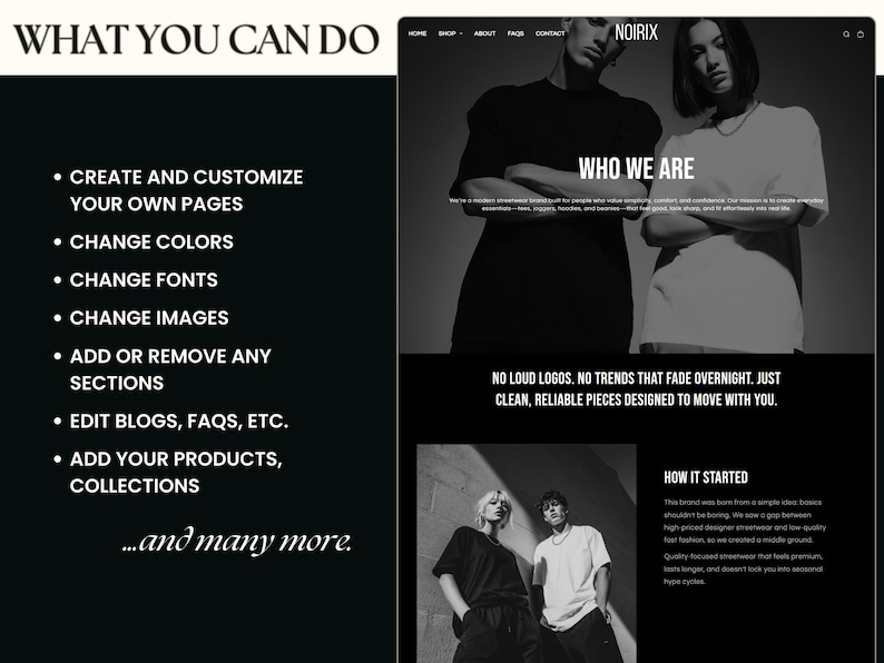 May include: A website mockup with a black and white theme. The top section features the brand name "NOIRIX" and a header. The page includes text such as "What You Can Do" and "Who We Are", along with a list of features and a section titled "How It Started".