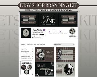Könnte beinhalten: Ein Etsy-Shop-Branding-Kit mit einer neutralen Farbpalette. Das Design umfasst Vorlagen für Produktkategorien, Shop-Namen und Shop-Icons. Der Text "INSTANT DOWNLOAD | EDITABLE IN CANVA" wird oben angezeigt.