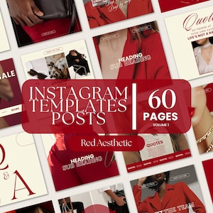 May include: A collection of 60 Instagram templates in a red aesthetic. The templates include various layouts with headings, subheadings, quotes, and the text "INSTAGRAM TEMPLATES POSTS" and "Red Aesthetic".