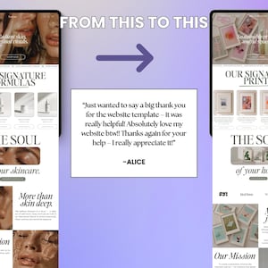 May include: A website design comparison is shown, split into two sections. The left side features a skincare website with product displays. The right side presents a home decor website with framed prints. The image includes the text "FROM THIS TO THIS" and a customer testimonial.