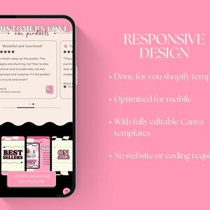 May include: A smartphone displays a pink and cream-colored website design. The screen shows customer reviews and the words "Customers Love Our Products." The right side of the screen says "Responsive Design" and lists features.
