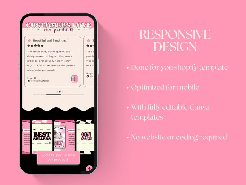 May include: A smartphone displays a pink and cream-colored website design. The screen shows customer reviews and the words "Customers Love Our Products." The right side of the screen says "Responsive Design" and lists features.