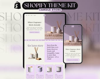 Könnte beinhalten: Eine digitale Anzeige, die ein Shopify-Theme-Kit für einen Kerzenshop zeigt. Das Design zeigt ein Tablet und ein Telefon, die eine Website mit Kerzen, Diffusoren und dem Text "Where Fragrance Meets Serenity" anzeigen.
