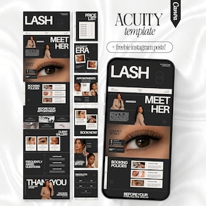 May include: A digital marketing template for lash services featuring a black and white color scheme. The layout includes sections for booking policies, client galleries, and contact details, with text reading LASH, MEET HER, and THANK YOU.
