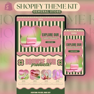 May include: A digital display of a Shopify theme kit for a general store. The tablet and phone screens display a website with pink and green color scheme. The website features the text "Explore our collections!" and "Browse our products!"