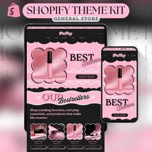 May include: A digital mockup of a Shopify theme kit, featuring a tablet and smartphone displaying a website with a pink and black color scheme. The website showcases lip gloss and the text "Explore Our Best Sellers."
