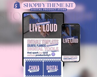 May include: A digital product store advertisement featuring a tablet and smartphone displaying a website. The website design includes the text "DOWNLOAD BOLD. LIVE LOUD." and "EDITABLE TEMPLATES, COLORFUL PLANNERS, DIGITAL TOOLS."