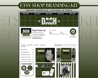 Könnte beinhalten: Ein Etsy-Shop-Branding-Kit mit einem dunkelgrünen und weißen Design. Das Kit enthält Vorlagen für Shop-Banner, Produkt-Mockups und Shop-Icons. Der Text enthält "ETSY SHOP BRANDING KIT", "INSTANT DOWNLOAD" und "EDITABLE IN CANVA".