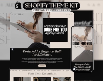 May include: A website mockup for a digital product store with the text "Shopify Theme Kit" and "Digital Product Store" in a black and white color scheme. The website features a woman using a tablet and the text "Explore a world of DONE FOR YOU digital products".
