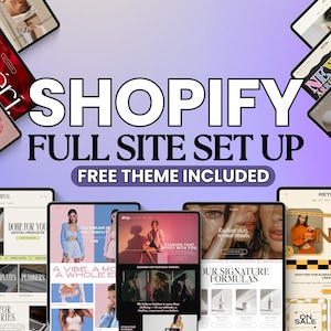 Könnte beinhalten: Werbebild für einen Shopify-Website-Einrichtungsdienst. Das Bild zeigt mehrere Tablets mit Website-Designs. Der Text lautet "SHOPIFY FULL SITE SET UP FREE THEME INCLUDED". Die Tablets zeigen verschiedene Website-Layouts.