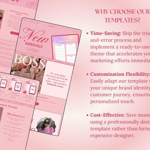 May include: A pink and white website design template with the text "New Arrivals" and "Boss" in large, bold letters. The website also features a section titled "Why Choose Us?" with a pink and white background.