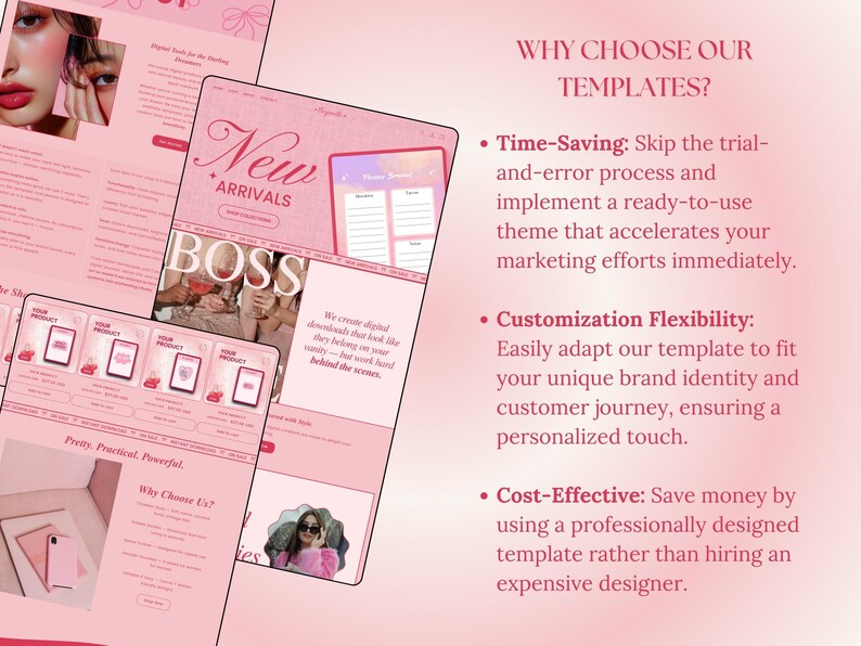 May include: A pink and white website design template with the text "New Arrivals" and "Boss" in large, bold letters. The website also features a section titled "Why Choose Us?" with a pink and white background.