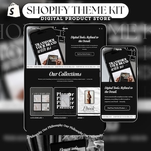 May include: A digital product store mockup featuring a tablet and two smartphones displaying website designs. The screens show the text "Transform Your Brand With Us" and "Digital Tools, Refined to the Detail." The store offers Canva templates, digital planners, and ebooks.