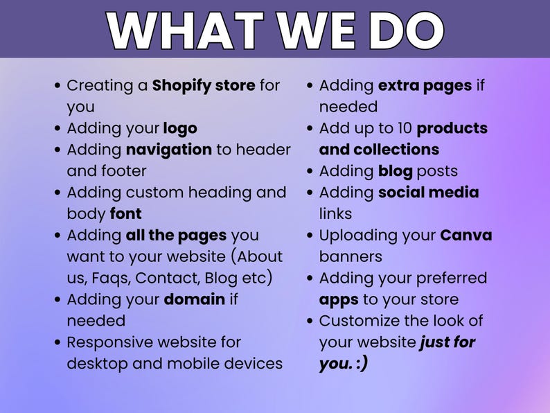 May include: A purple and white graphic lists services offered, including Shopify store creation, logo integration, navigation setup, custom fonts, page additions, domain setup, and responsive design. Additional services include extra pages, product and collection additions, blog posts, social media links, Canva banner uploads, and app integration.