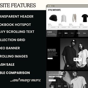 May include: A website design showcasing features like a transparent header, lookbook hotspot, and wavy scrolling text. The design includes a collection grid, video banner, scrolling images, and a flash sale section. The website displays clothing items and the text "STYLE WITH BITE."