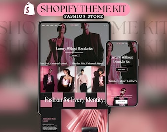 May include: A digital display showcasing a Shopify theme kit for a fashion store. The design features a tablet and smartphone displaying a website with models, the text "Luxury Without Boundaries," and "Fashion for Every Identity."