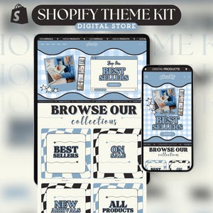 May include: A digital store theme kit displayed on a tablet and smartphone. The theme features a light blue and white checkered design with the text "Shop Our Best Sellers" and "Browse Our Collections."