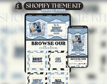 Könnte beinhalten: Ein digitales Shop-Theme-Kit, das auf einem Tablet und Smartphone angezeigt wird. Das Theme hat ein hellblaues und weißes Karomuster mit dem Text "Shop Our Best Sellers" und "Browse Our Collections."