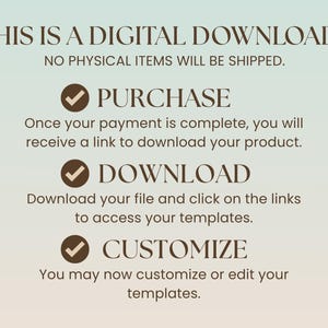 May include: A digital download graphic with three checkmarks. The text reads "This is a digital download. No physical items will be shipped."  "Purchase", "Download", and "Customize" are listed with instructions for each step.