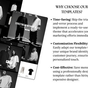 May include: A black and white promotional image for streetwear clothing. The image features multiple screens with models wearing hoodies, t-shirts, and pants. Text on the screen reads "STREETWEAR WITHOUT RULES." Additional text highlights the benefits of using templates.