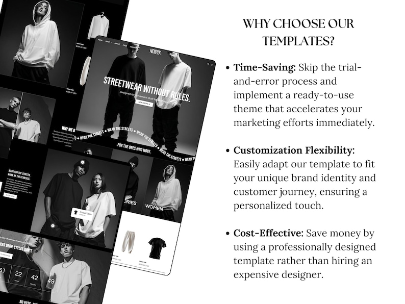 May include: A black and white promotional image for streetwear clothing. The image features multiple screens with models wearing hoodies, t-shirts, and pants. Text on the screen reads "STREETWEAR WITHOUT RULES." Additional text highlights the benefits of using templates.