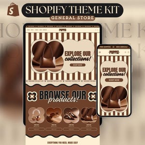 Può includere: Annuncio pubblicitario per un kit di temi Shopify, che mostra un design di sito web su un tablet e uno smartphone. Il design utilizza toni marroni e beige, con il testo "EXPLORE OUR collections!" e "BROWSE OUR products!" visualizzato.