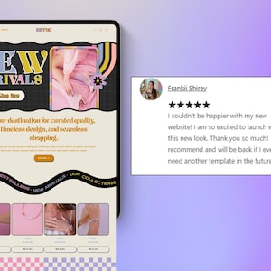 May include: A tablet shows a website with the words "NEW ARRIVALS" in pink and yellow. The website advertises curated quality and timeless design. A customer review is visible on the right.