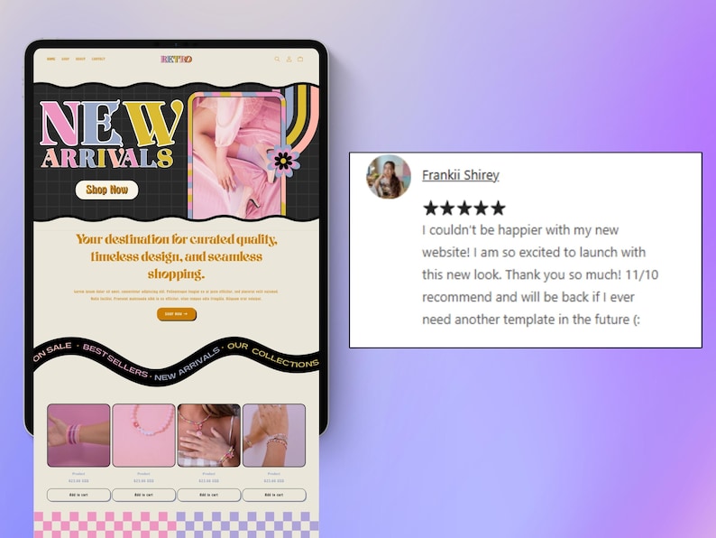 May include: A tablet shows a website with the words "NEW ARRIVALS" in pink and yellow. The website advertises curated quality and timeless design. A customer review is visible on the right.
