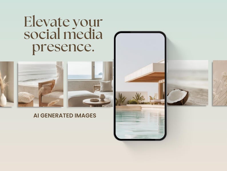 May include: A collage of images featuring a modern home with a pool, a living room with a couch and a chair, and a coconut on a beach. The text "Elevate your social media presence." is at the top of the image. The text "AI GENERATED IMAGES" is at the bottom of the image.