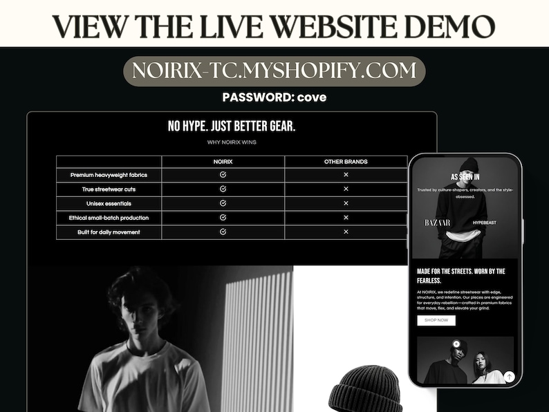 May include: Promotional image with the text "VIEW THE LIVE WEBSITE DEMO" and a website address. The image includes a table comparing brands, a smartphone displaying a website, and a person wearing a beanie.