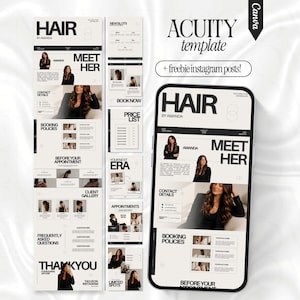 May include: A digital marketing template for a hair stylist featuring a mobile phone display and vertical layout. The design includes sections for meet the stylist, contact details, booking policies, price list, and client gallery with black text.