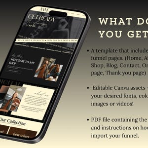 May include: A mockup of a phone screen displaying a website template for an online shop. The website features a black and white color scheme with a modern design. The text on the screen reads "Get Ready to Change Your Life" and "Welcome to My Shop". The website also includes a section for "Our Collection" with options for "New Released" and "Best Sellers".