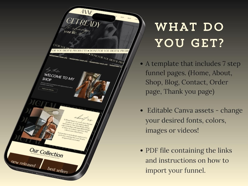 May include: A mockup of a phone screen displaying a website template for an online shop. The website features a black and white color scheme with a modern design. The text on the screen reads "Get Ready to Change Your Life" and "Welcome to My Shop". The website also includes a section for "Our Collection" with options for "New Released" and "Best Sellers".