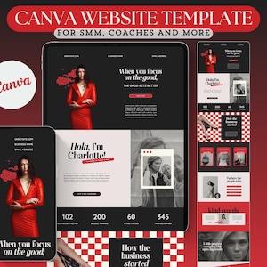 Op de afbeelding: Een digitale mockup van een website-sjabloon voor Canva, weergegeven op een tablet, telefoon en een kleinere tablet. Het ontwerp toont een vrouw in een rode jurk, met de tekst "CANVA WEBSITE TEMPLATE" en "When you focus on the good."