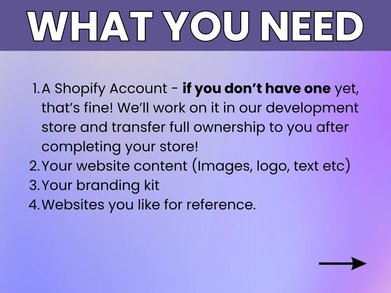 May include: A purple graphic with white text reading "WHAT YOU NEED". The text details requirements for a Shopify account, website content, branding kit, and reference websites. An arrow points to the right.