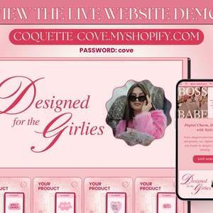May include: A pink and white website design with the text "Designed for the Girlies" and a photo of a woman wearing a pink fur coat. The website is for a shop called "Coquette-Cove" and the password is "cove".